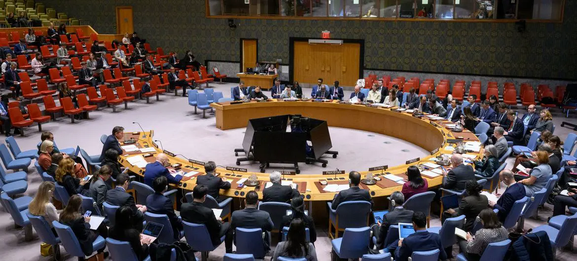 A wide view of the UN Security Council chamber as members meet to discuss the maintenance of peace and security of Ukraine.