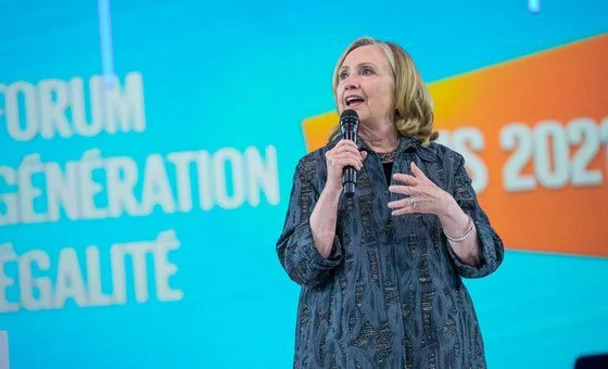 Hillary Clinton addresses the opening of the Generation Equality Forum in Paris. Hillary Clinton addresses the opening of the Generation Equality Forum in Paris.