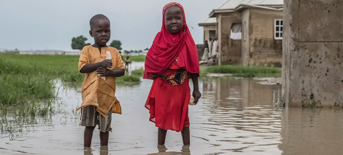 Children stand in a flood water in Borno State, Nigeria.