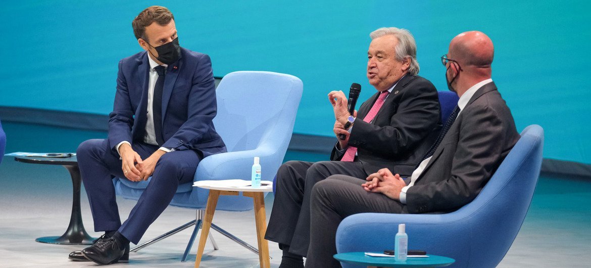 Secretary-General António Guterres (second right) addresses the opening of the Generation Equality Forum in Paris. Secretary-General António Guterres (second right) addresses the opening of the Generation Equality Forum in Paris.