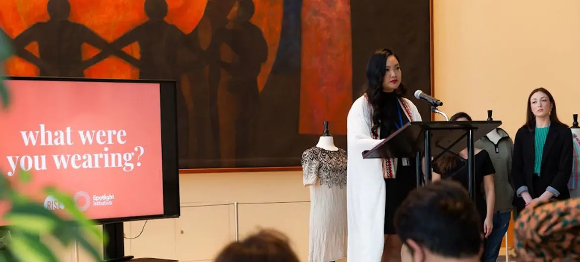 Sexual assault survivor Amanda Nguyen, CEO and Founder of Rise, speaks during exhibit reception in the Sputnik Lobby of UN Headquarters in New York. Sexual assault survivor Amanda Nguyen, CEO and Founder of Rise, speaks during exhibit reception in the Sputnik Lobby of UN Headquarters in New York.