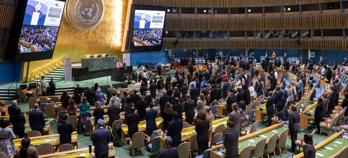 A wide view of the UN General Assembly hall as members states commemorate the 31st mark of the 1994 Genocide against the Tutsi in Rwanda