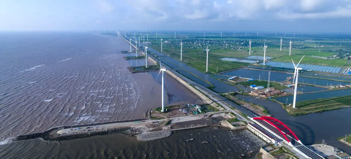 Wind turbines line a coastal highway in Yancheng, China.