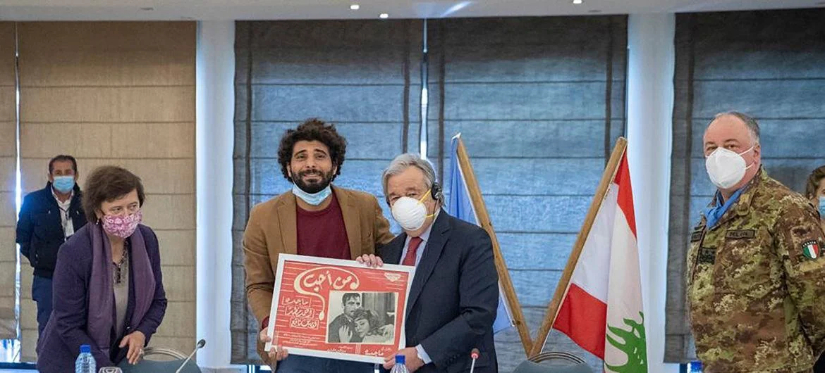 UN Secretary-General António Guterres with Qasem Istanbuli, head of Sur Association for Arts.