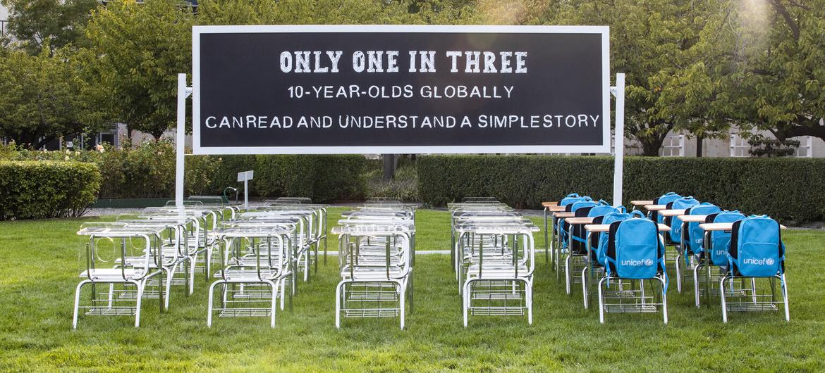 A view of UNICEF’s Learning Crisis Classroom installation at UN Headquarters in New York, September 2022. A view of UNICEF’s Learning Crisis Classroom installation at UN Headquarters in New York, September 2022.