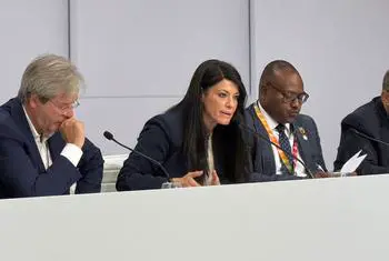 Rania Al-Mashat (centre), Egypt’s Minister of Planning and Economic Development seated next to Zambian Foreign Minister Mulambo Haimbe (right), at the launch of the Borrowers’ Forum in Sevilla.
