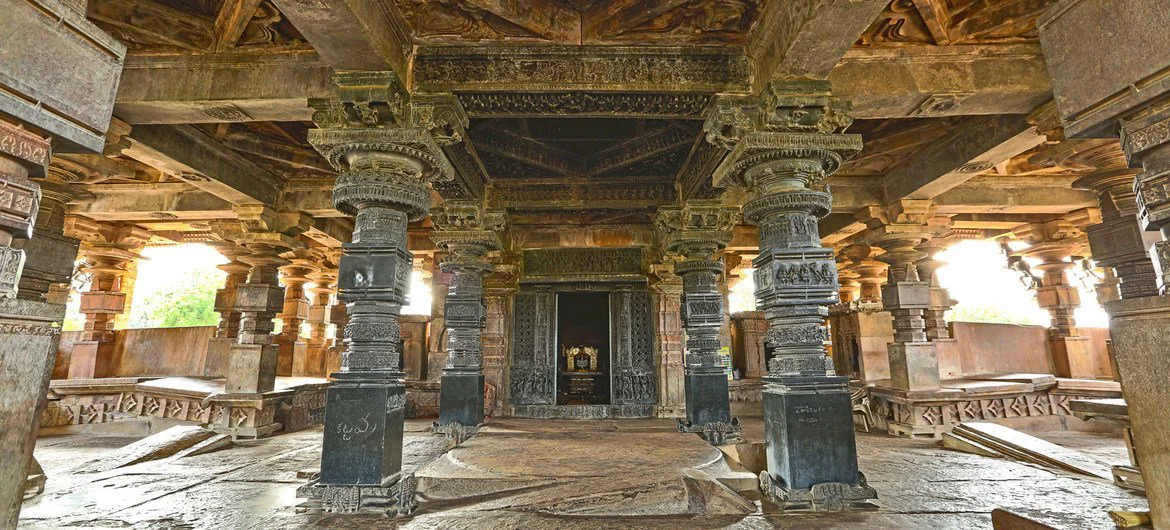Mandapa inside India's Ramappa Temple.