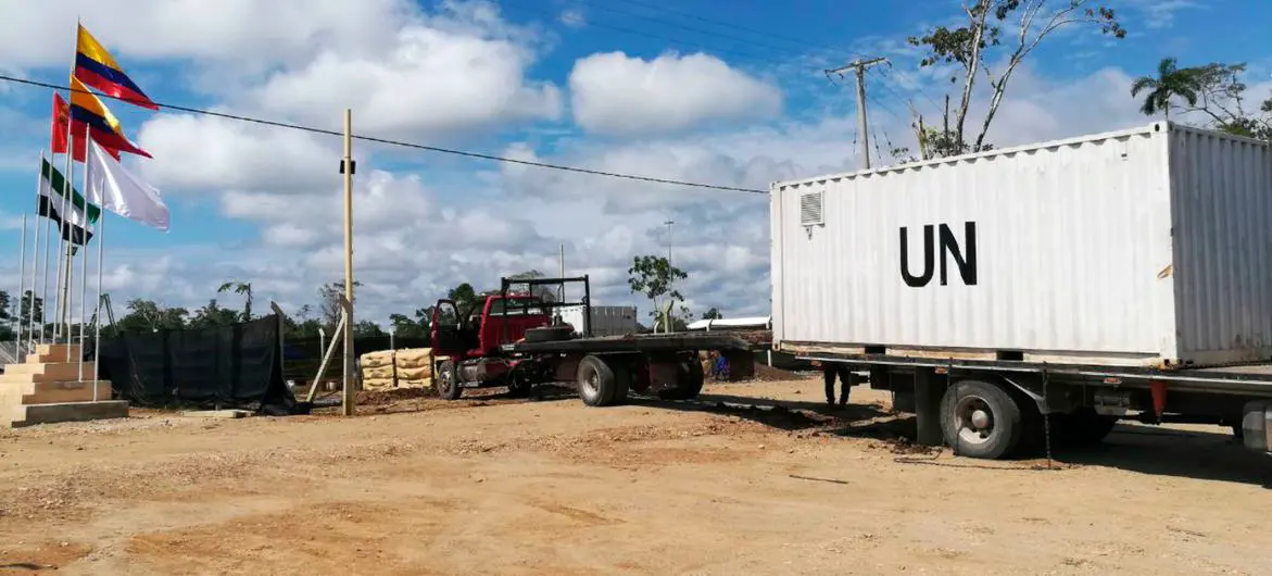 FARC in Putumayo gave up their arms in 2017 as part of the Colombian Peace Agreement. Here the UN is transporting them in a container. FARC in Putumayo gave up their arms in 2017 as part of the Colombian Peace Agreement. Here the UN is transporting them in a container.