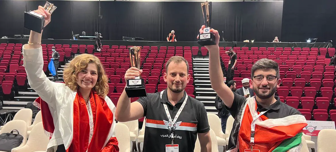 The three winners of the Arab Rally for Innovation. From left to right: Yara Haydar from Lebanon, Hassan Elharaki from Syria, Abdelfattah Shehadeh from Palestine.