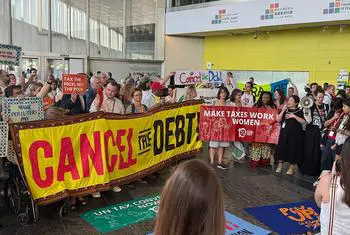 Civil society delegates voice their concerns during the final day of the 4th International Conference on Financing for Development in Sevilla, Spain.