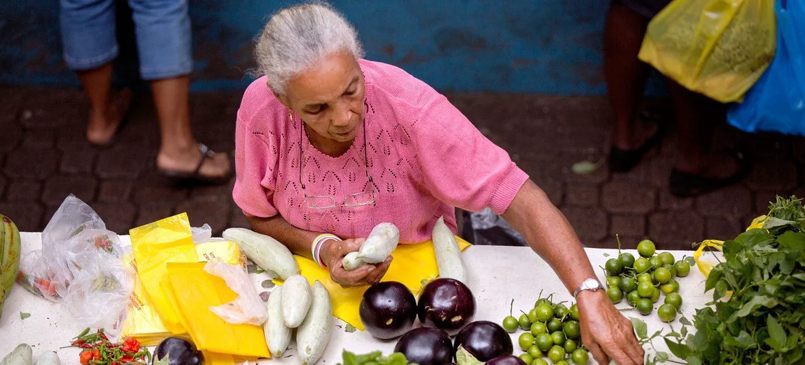 A woman sells vegetables in a market in Seychelles. Despite ongoing efforts, progress toward achieving several SDGs — including those on women's empowerment – remains off track for 2030.