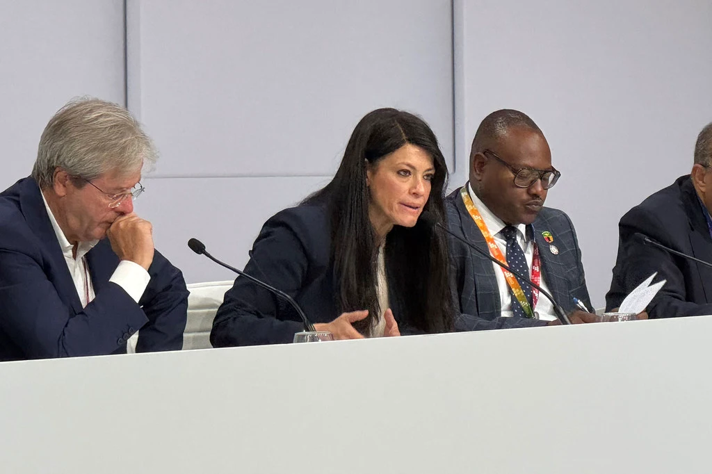 Rania Al-Mashat (centre), Egypt’s Minister of Planning and Economic Development seated next to Zambian Foreign Minister Mulambo Haimbe (right), at the launch of the Borrowers’ Forum in Sevilla.