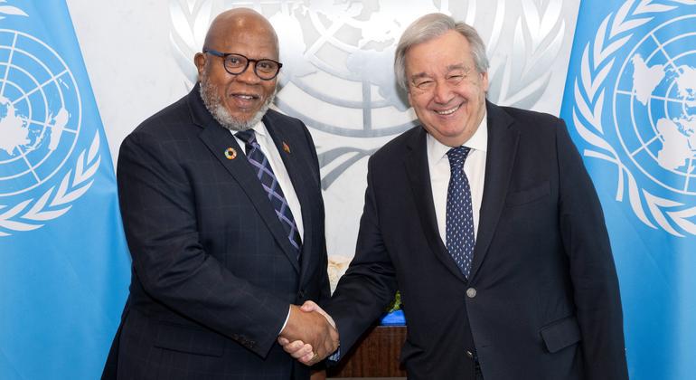 Secretary-General António Guterres (right) meets with Ambassador Dennis Francis of Trinidad and Tobago, President-elect of the 78th session of the UN General Assembly. Secretary-General António Guterres (right) meets with Ambassador Dennis Francis of Trinidad and Tobago, President-elect of the 78th session of the UN General Assembly.