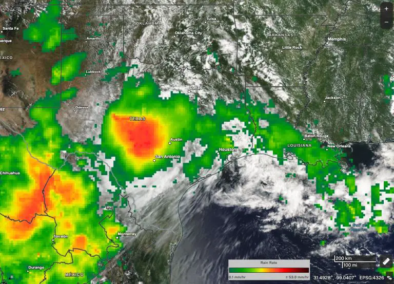 1-day precipitation totals from NASA’s IMERG multi-satellite precipitation product show heavy rainfall over central Texas on July 4, 2025. 1-day precipitation totals from NASA’s IMERG multi-satellite precipitation product show heavy rainfall over central Texas on July 4, 2025.
