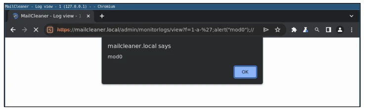 Successful execution of XSS payload sent to monitor logs and view endpoint