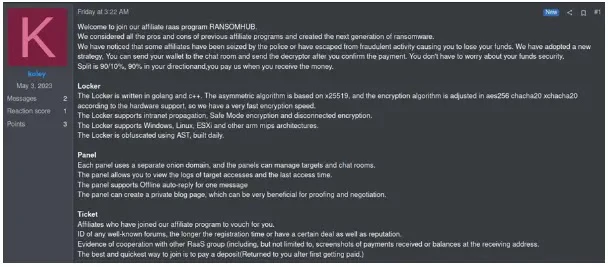 TA koley’s RaaS advertisement thread on the RAMP forum 