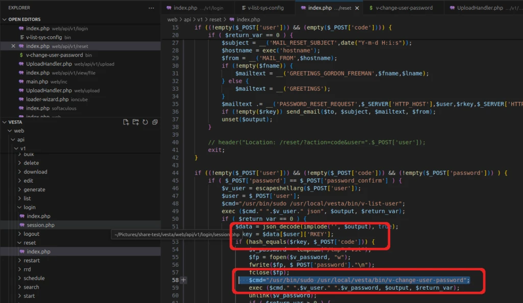 This file checks if the reset token($_POST[‘code’]) received from the url is equal to $rkey and if they match it will proceed to reset the user’s password. 