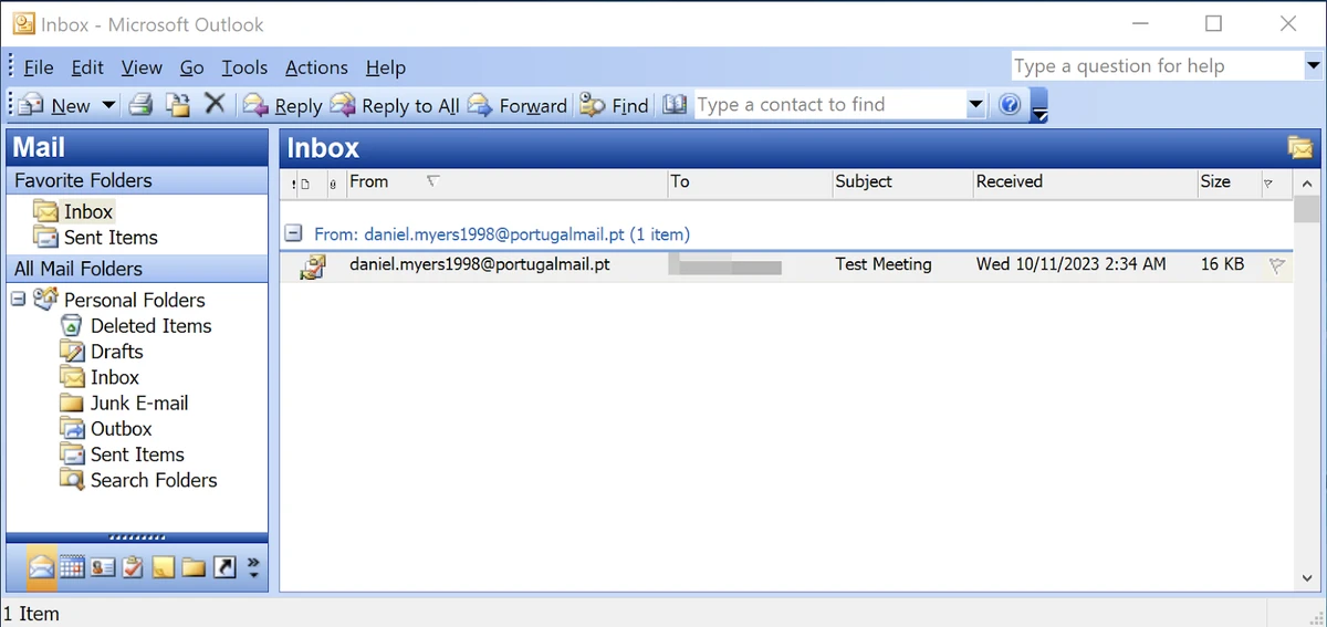 Image 1 is a screenshot of Microsoft Outlook where the malicious task has been sent to the Montenegrin Ministry of Defense account. The email is from daniel.myers1998@portugalmail.pt. The to line is redacted. The subject is Test Meeting. It was received Wednesday October 11, 2023.