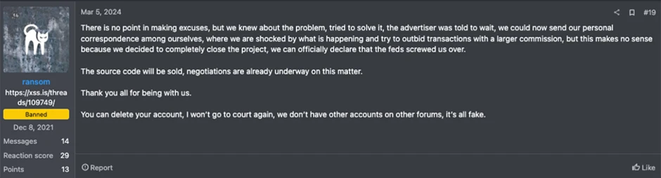 ALPHV leader ‘ransom’ announces they are selling their source code and shuttering their operation