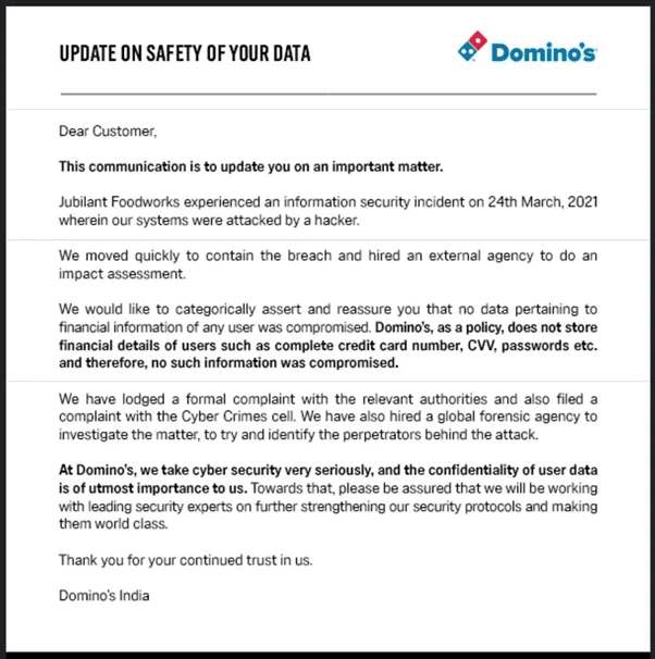 Domino's India data breach notification