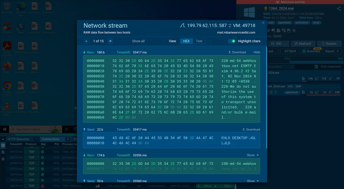Network stream window uncovering data exchange for each connection