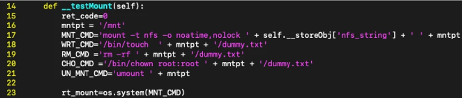 _testMount() calls os.system()