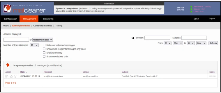 The MailCleaner administrator dashboard.