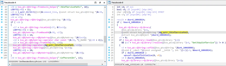 Parameter JSCefServicePath is decoded and used as an argument for the QLibrary::load method.