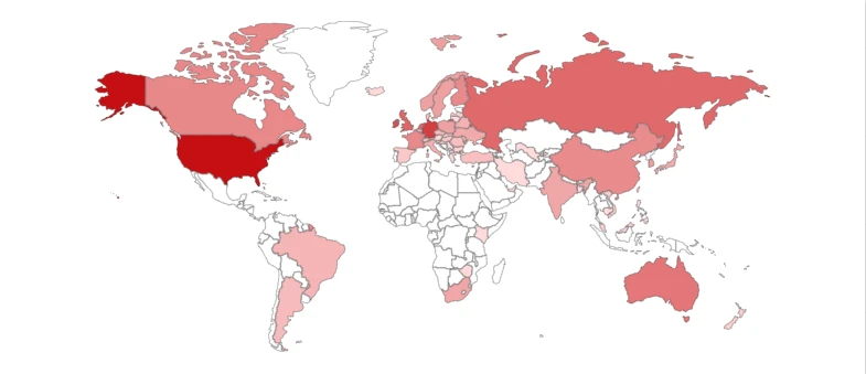 A map of the world with red countries/regions Description automatically generated