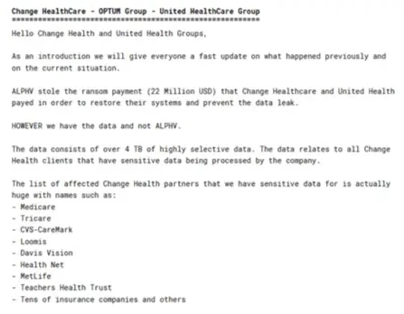 Ransomhub’s claims of possessing Change Healthcare data in a post that was deleted later 