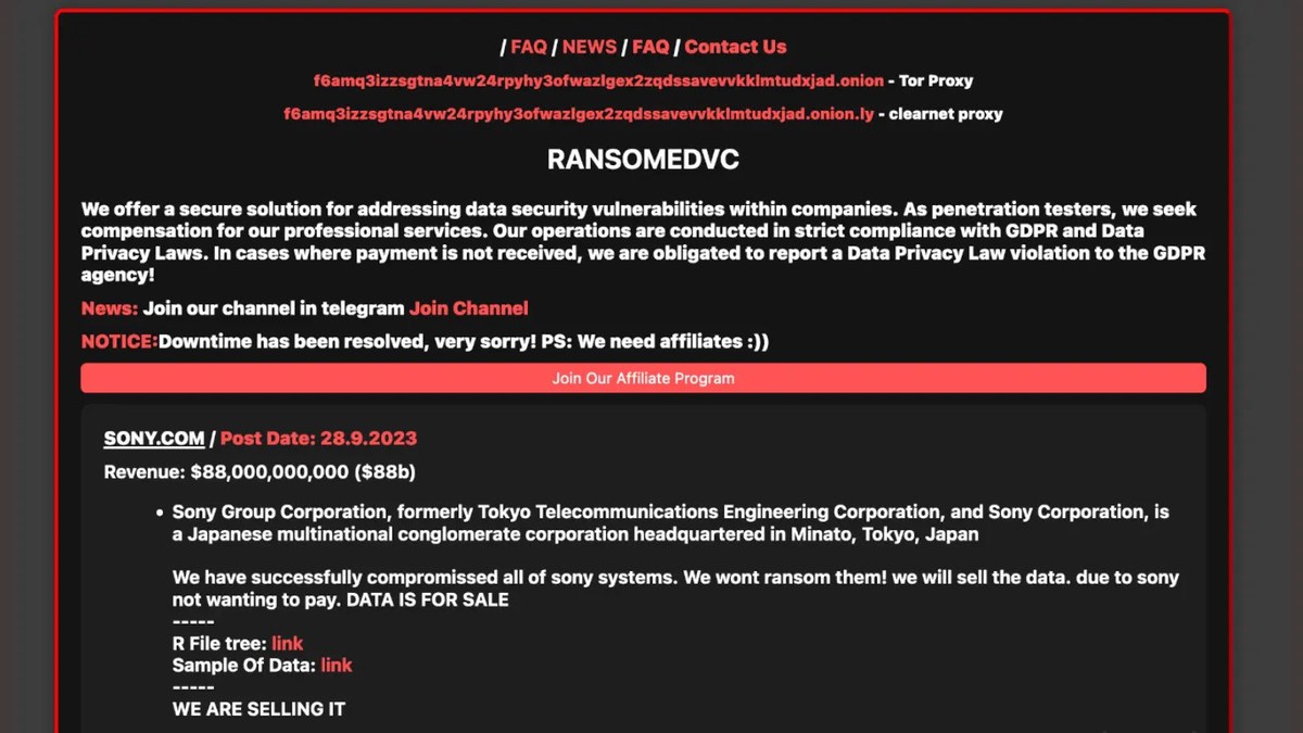 Ransomware Group Claims to Have Hacked ‘All Of Sony Systems’ Ransomware Group Claims to Have Hacked ‘All Of Sony Systems’