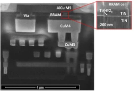 SEM cross-section of the RRAM cell monolithically integrated on the top of 130nm CMOS