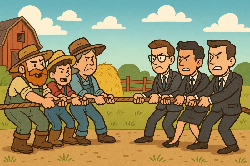 Farmers and lawyers playing tug of war Credit: ChatGPT