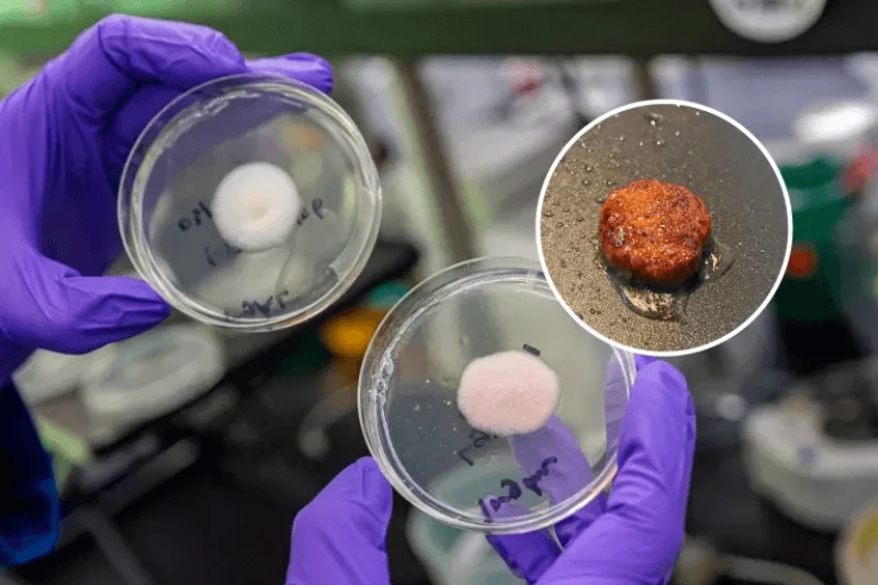 Natural Koji mold, left, and an engineered version, right. Inset, the burger patty scientists created from the mold. Credit: Berkeley Lab