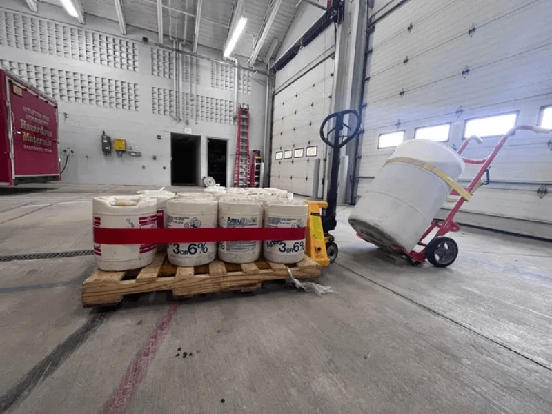 Containers of firefighting foam. Credit: Laura Schulte/Milwaukee Journal Sentinel