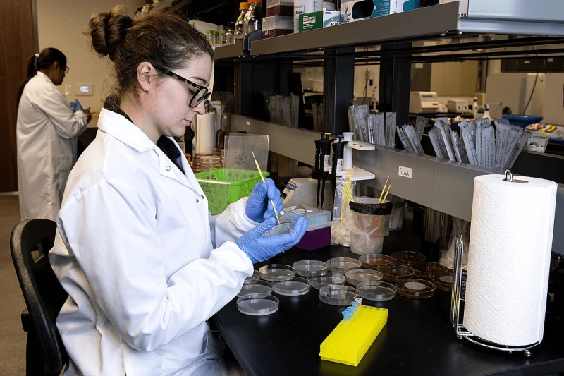 Ph.D. student Allyson Hamilton streaks petri dishes with sample solutions from a food safety study. Credit: Ark. Agricultural Experiment Station