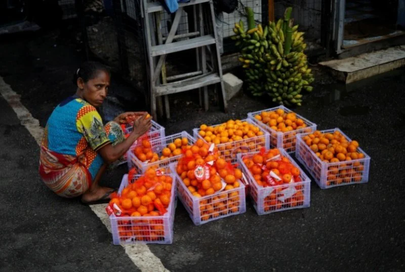 A vendor packing oranges in Sri Lanka. The gravity of the situation is severe, as the government lacks money to import food. Credit: Adnan Abidi via Reuters