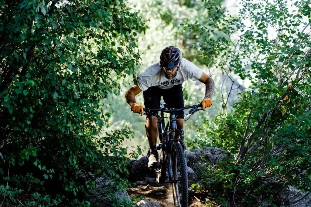 Mountain biker crouching under branches and standing above bike seat as he navigates a singletrack trail on Jug Mountain near McCall, Idaho.