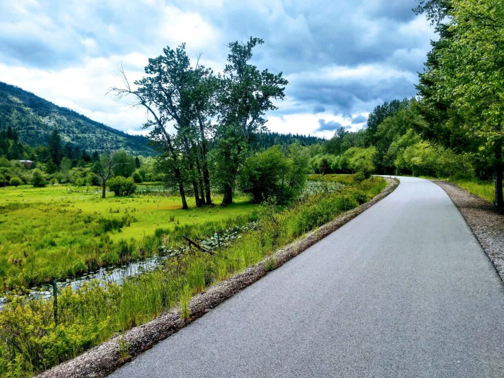 Corner bend of the paved bike path Trail of the Coeur d'Alenes in Idaho, follows the Coeur d'Alene River and passes by marshes and grassy meadows, where moose and other wildlife like to wander.
