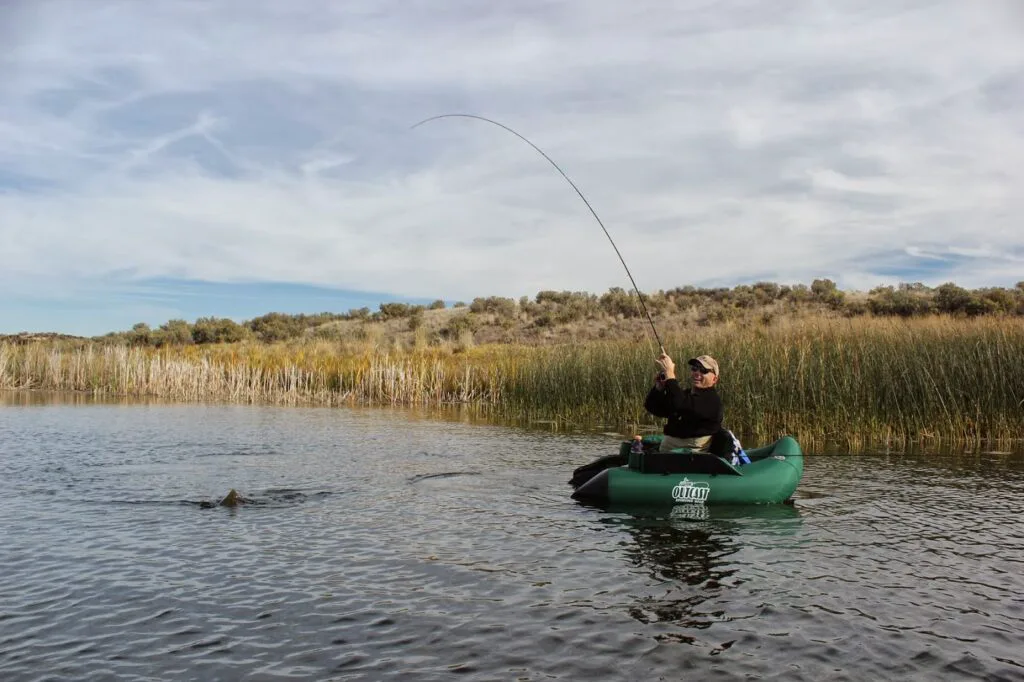 Flyfishing from float tube on the Columbia River at the Columbia National Wildlife Refuge.