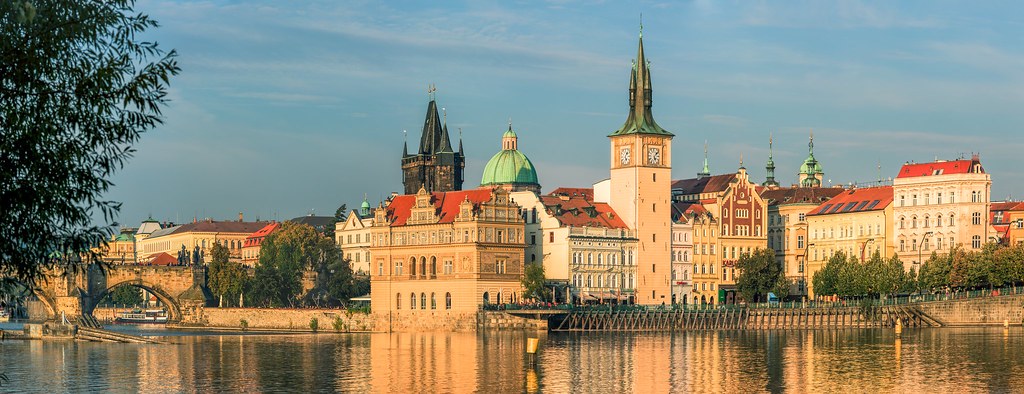 Panorama of Prague Old Town from the river. Subtle HDR