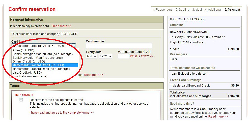 norwegian airlines payment on low fare