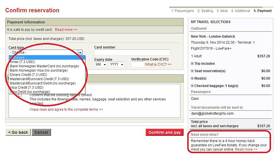norwegian credit card fees