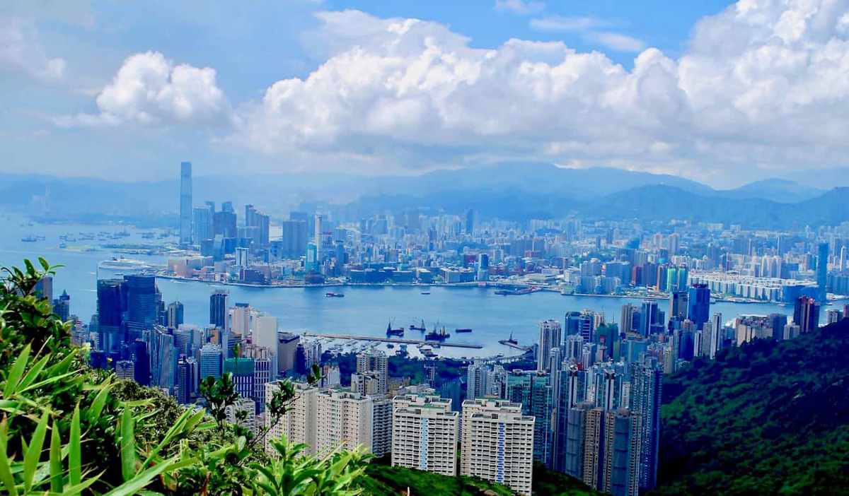 aerial view of Hong Kong from Victoria Peak on a sunny day