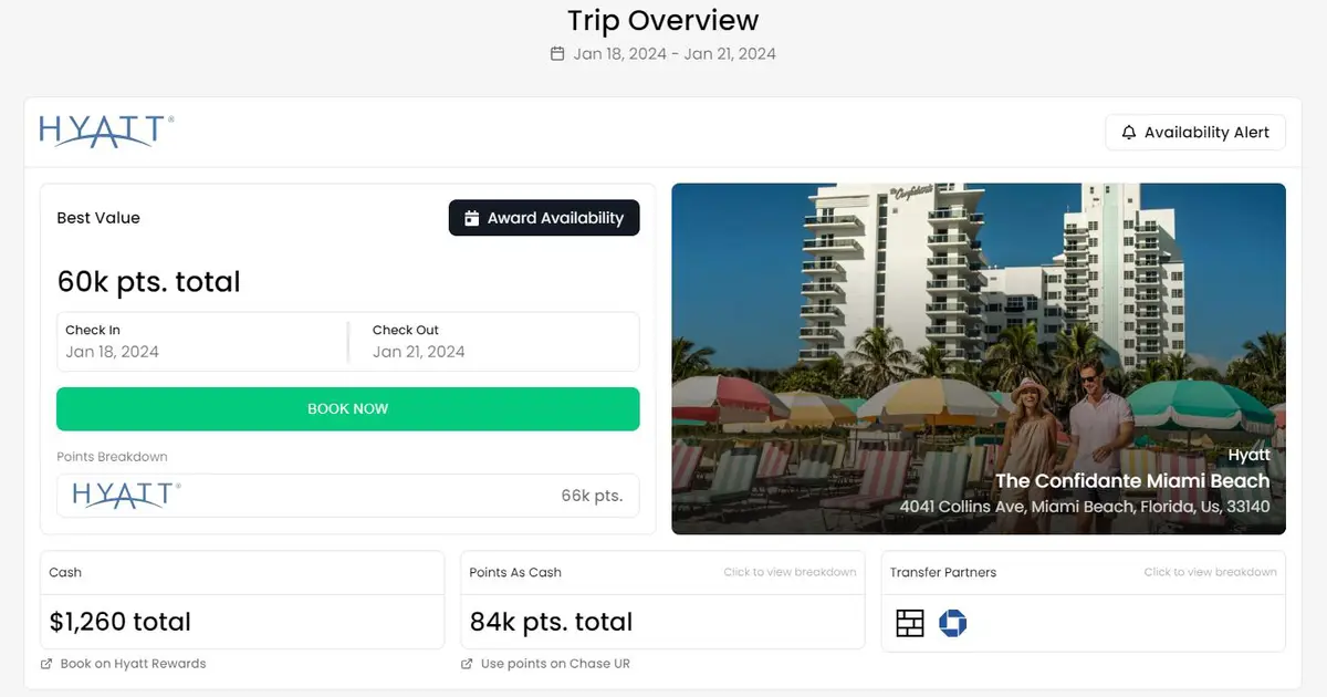 Screenshot on the Awayz website of a potential booking for a Hyatt hotel in Miami, Florida, showing the breakdown of points vs cash needed for that stay
