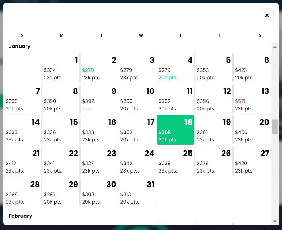 Calendar on Awayz website showing the cost in points and cash for each night in a Hyatt hotel in Miami, Florida