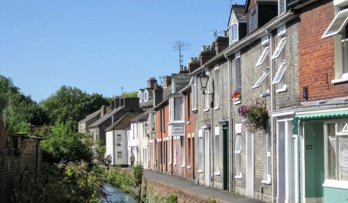 Colorful and historic row houses along a canal in Salisbury, England