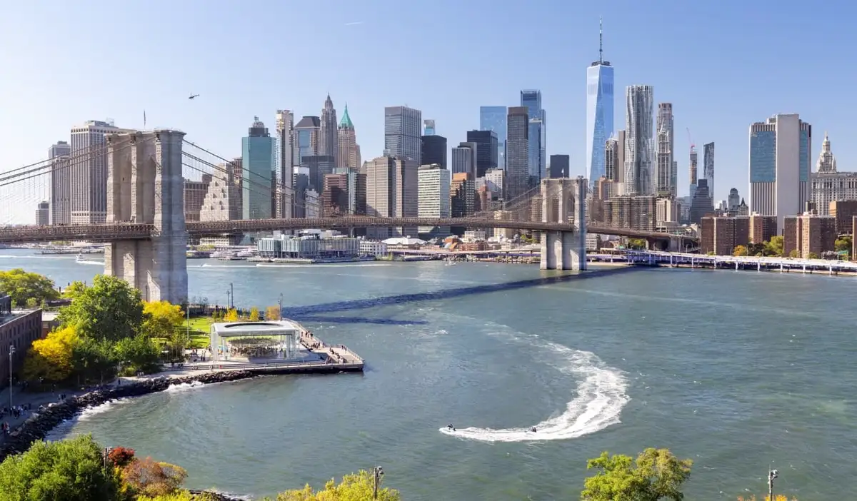 Panoramic New York City skyline with the Brooklyn bridge in the foreground