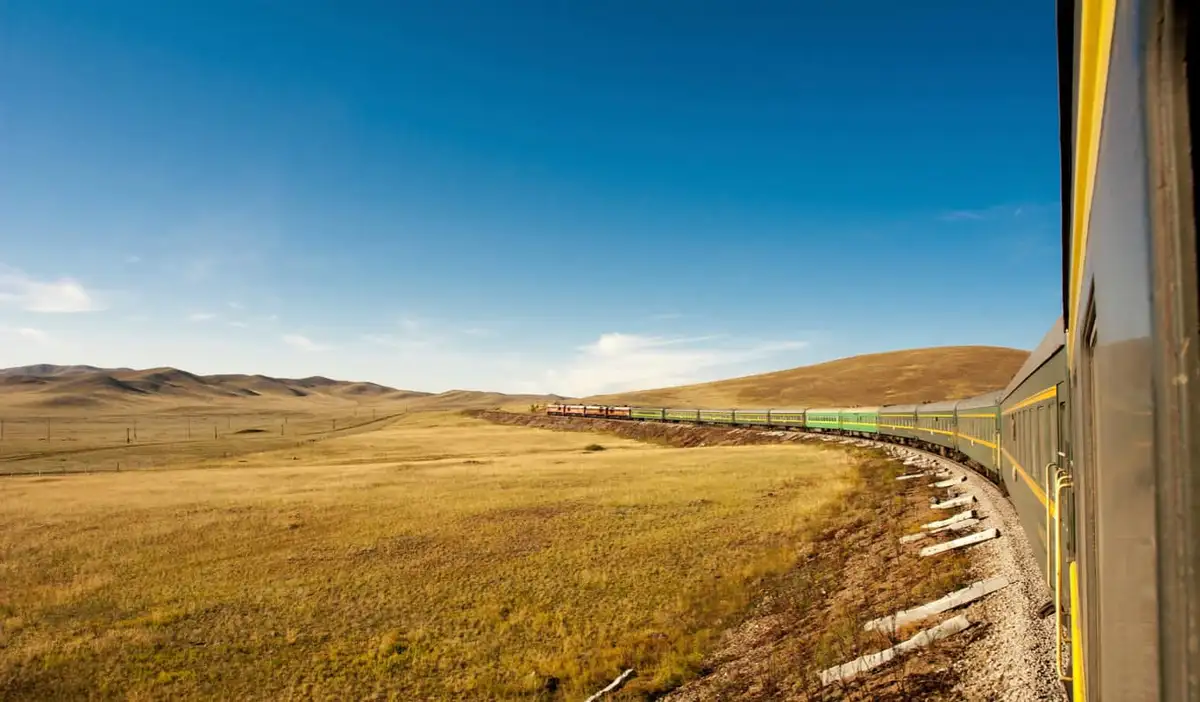 The Trans-Siberia Railway in Russia crossing the steppe