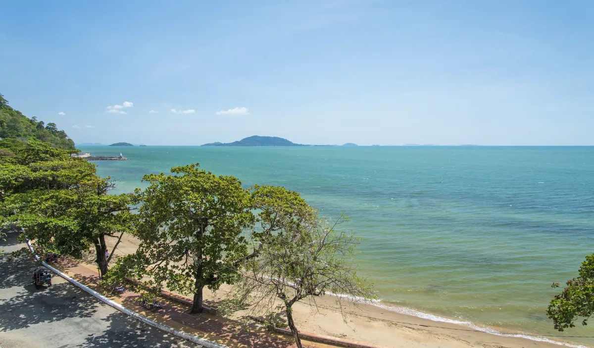 A scenic view overlooking ocean and the deserted beaches of Kep, Cambodia